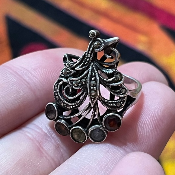VTG Estate Peacock Gemstone Marcasite 925 Sterling Silver Size 5 Ring - Picture 6 of 6